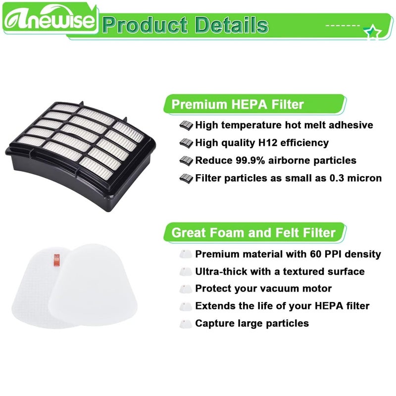 Anewise Filter Replacement for Shark Navigator Lift Away Deluxe Professional Vacuum ZU503AMZ NV350 NV351 NV352 NV355 NV357 NV360 NV370 UV440 UV540, Parts XFF350 & XHF350, 1 HEPA + 2 Pre-Felt Filters - Image 5